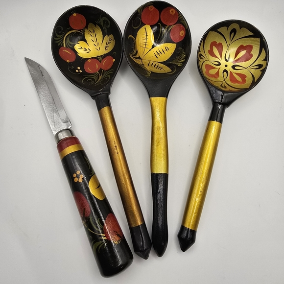 Vintage Russian Spoons Knife Set Of 4 Hand-painted +/- 8 Inches Long - Picture 3 of 6